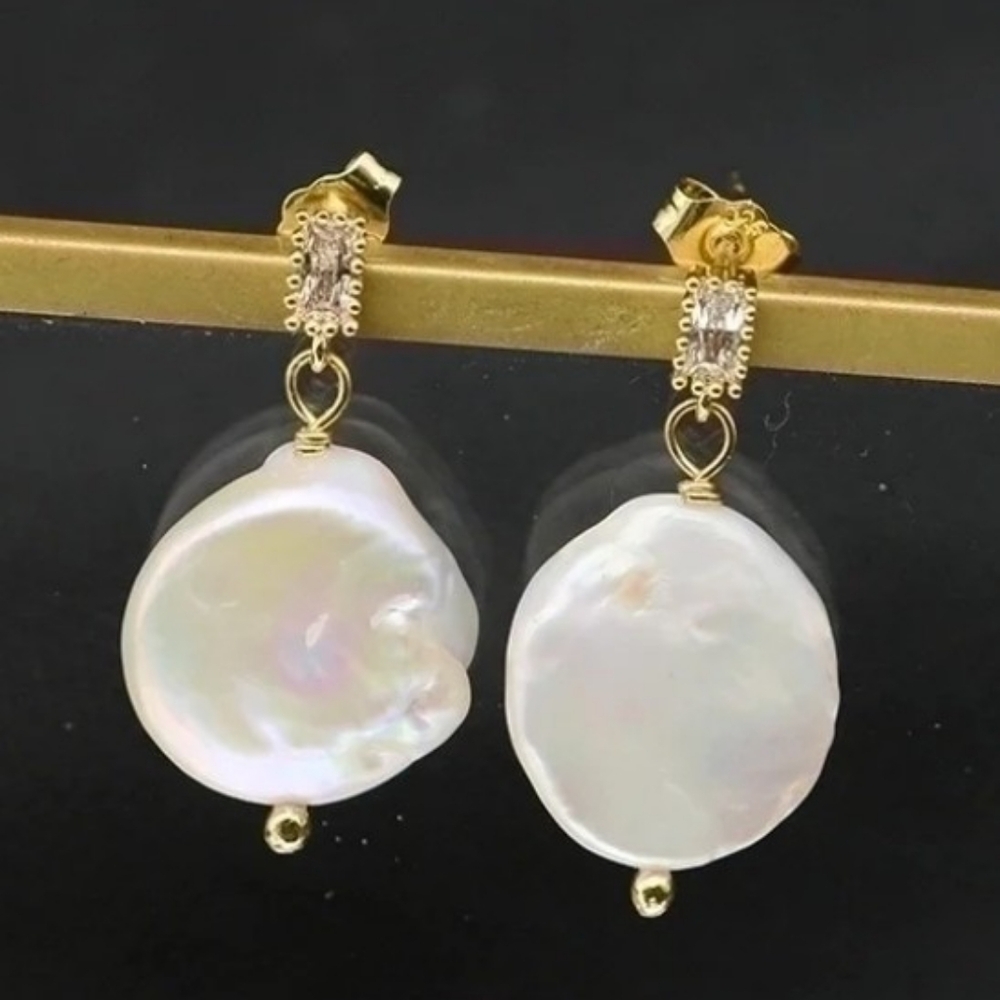 Radiant Gold and White Crystal Coin Pearl Earrings